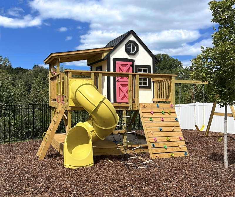 Farmhouse Cottage Playhouse Set, Pink Barn Door & Yellow Spiral Slide