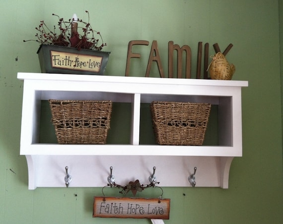 Farmhouse Country Wall Shelf with Two Cubbies, Woven Baskets, and Hooks
