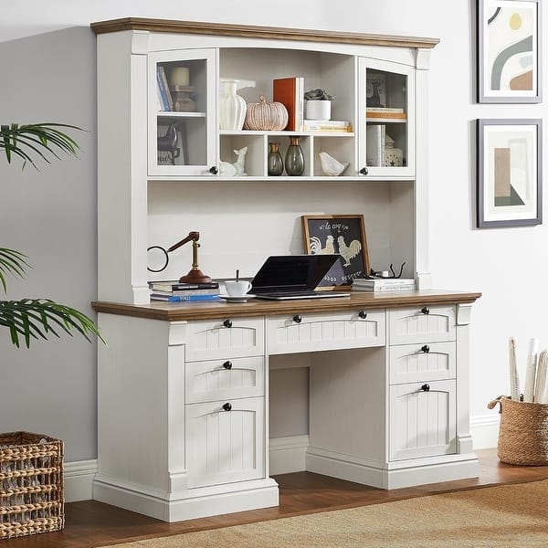 Farmhouse Desk with Hutch: Off-White and Wood Top Glass Hutch Doors