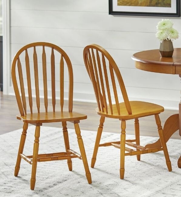 Farmhouse Dining Chairs Slat Back Honey Oak Turned Legs Hoop