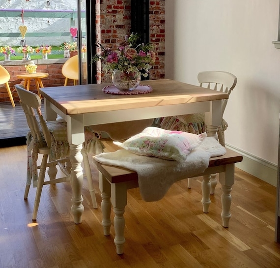 Farmhouse Dining Set Small Space Solution Two Tone Matching Bench