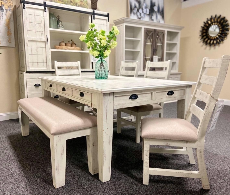 Farmhouse Dining Table: Functional Drawers, Cup Pull Hardware, Rustic.