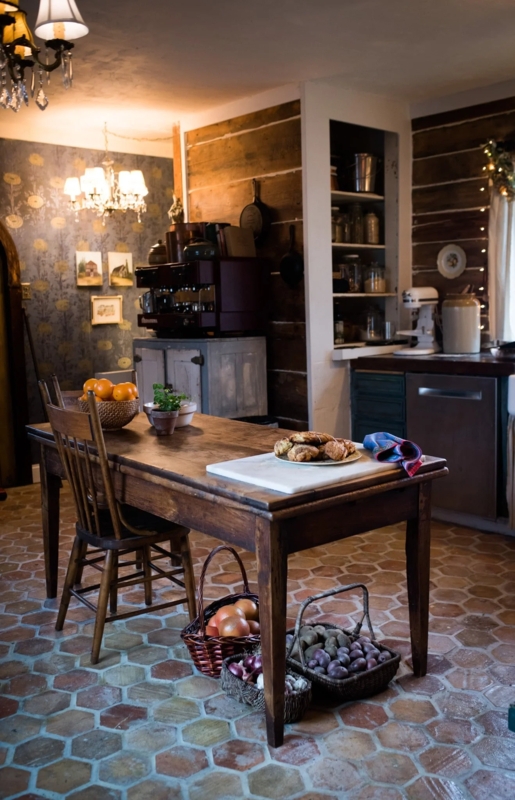 Farmhouse Dining Table Tapered Legs Spindle Back Chair Terracotta Tiles