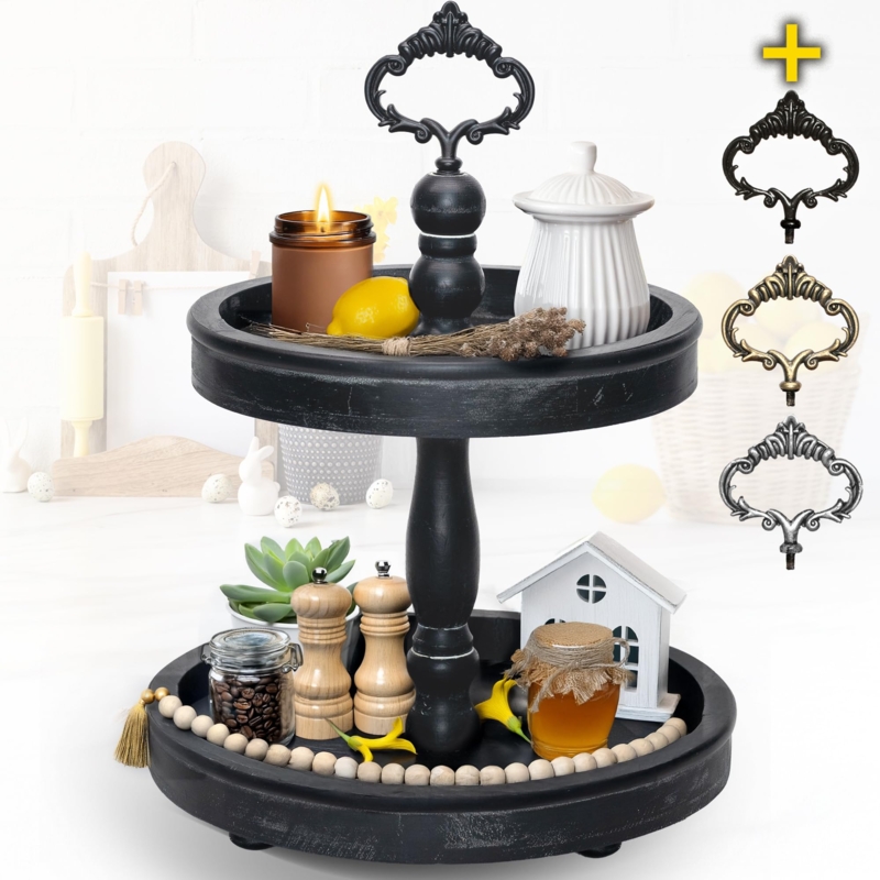 Farmhouse Kitchen Island Decor, 2-Tier Wood Tray & Bead Garland