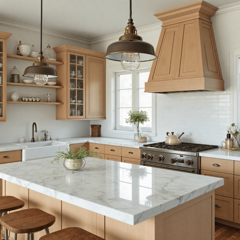 Farmhouse Kitchen Island featuring Thick Marble Countertop