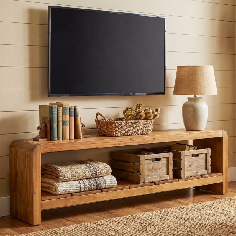 Farmhouse Media Console featuring a Unique Slatted Base