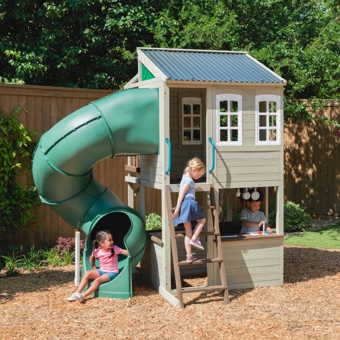 Farmhouse Outdoor Playhouse, Two-Story with Spiral Slide & Ladder