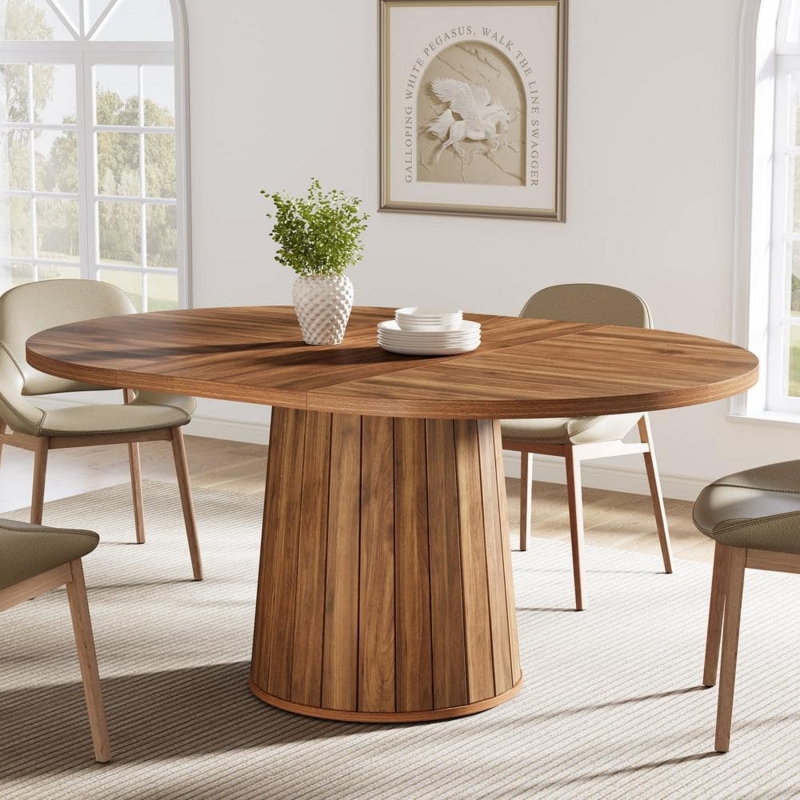 Farmhouse Oval Table with Unique Slatted Pedestal Base