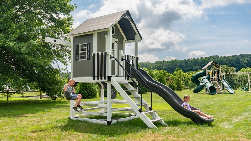 Farmhouse Playhouse Set in Charcoal & White with Picnic Bench