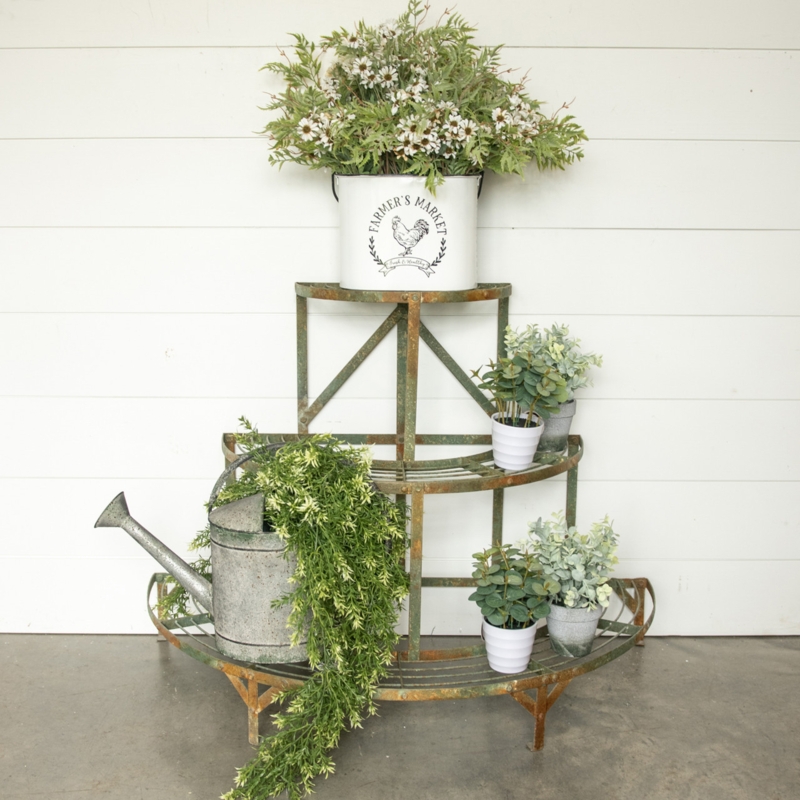 Farmhouse Semicircular Plant Stand with Distressed Green Finish