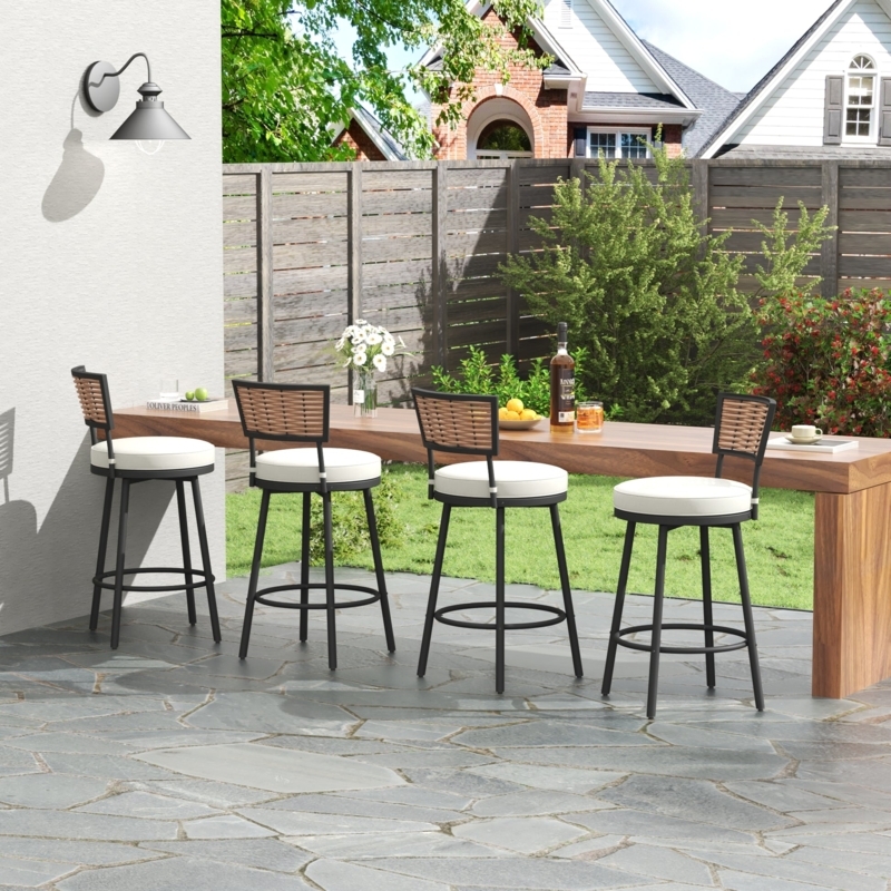 Farmhouse Swivel Bar Stools with Woven Backrest and Cream Cushion
