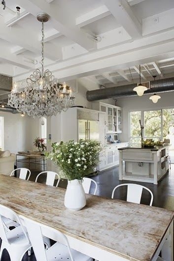 Farmhouse Table: Rustic Industrial Dining Room Context, Exposed Beams.