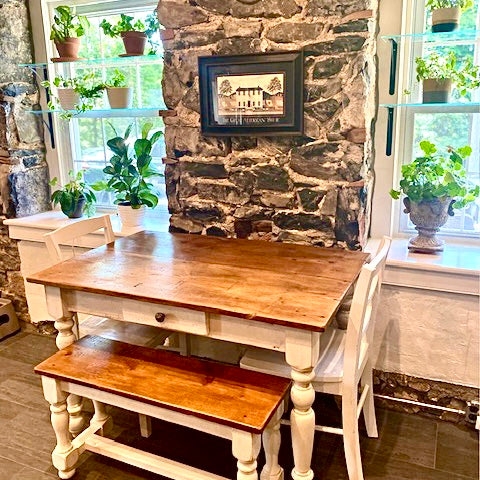 Farmhouse Table Single Drawer Turned Legs Cottage Style Wood Top