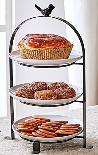 Farmhouse Tea Party Platter, 3-Tier Porcelain with Bird Finial