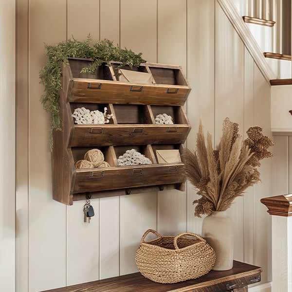 Farmhouse Walnut Brown Wall Organizer with Nine Cubbies and Label Holders