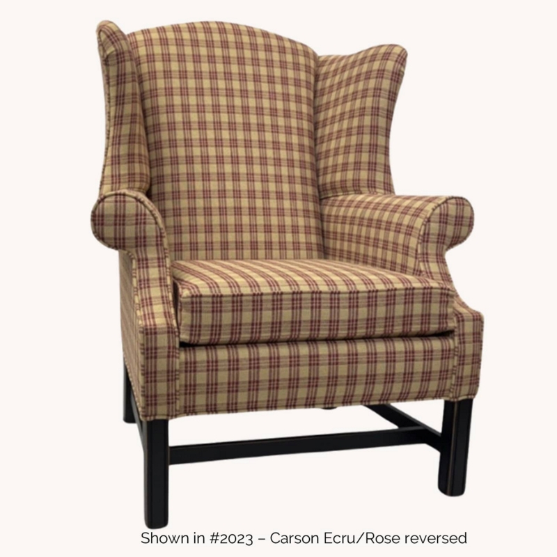 Farmhouse Wingback Chair Rose Plaid Fabric H-Stretcher Base