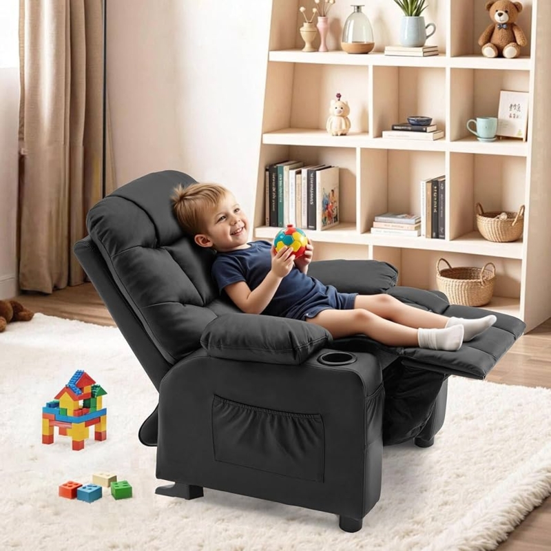 Faux Leather Kids Recliner: Matte Black with Tufted Back