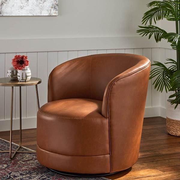 Faux Leather Swivel Chair Cognac Vertical Seaming Barrel Silhouette