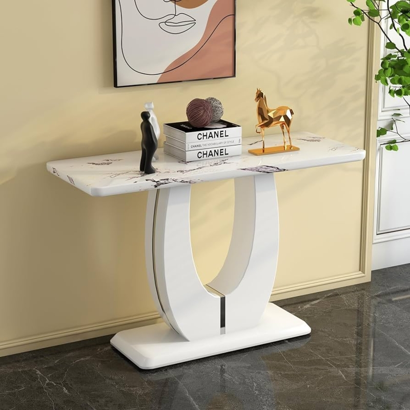 Faux Marble Console Table with U-Shaped Pedestal and Metallic Strip