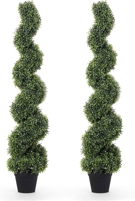Faux Spiral Topiary Set with Twisted Boxwood Foliage, 4ft Tall