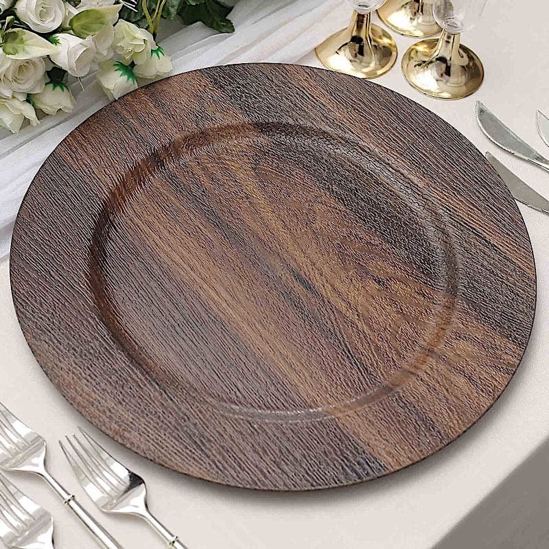 Faux Wood Charger Plates, Wide Rim Design, Textured Plastic, Dark Brown