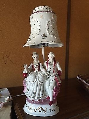 Figurine Lamp: Rococo Pierced Ceramic Shade, Scalloped Edges, Gold Gilt