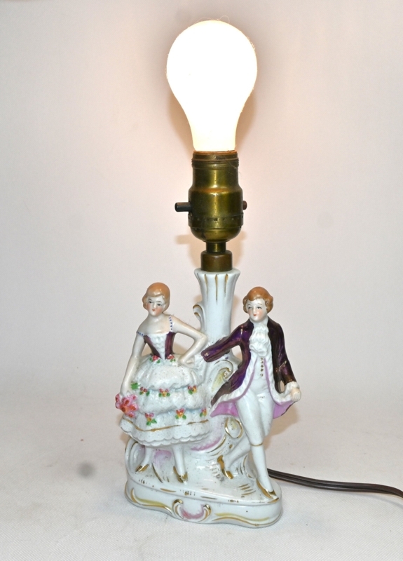 Figurine Table Lamp: Retro 1940s Porcelain Courting Couple, Exposed Bulb