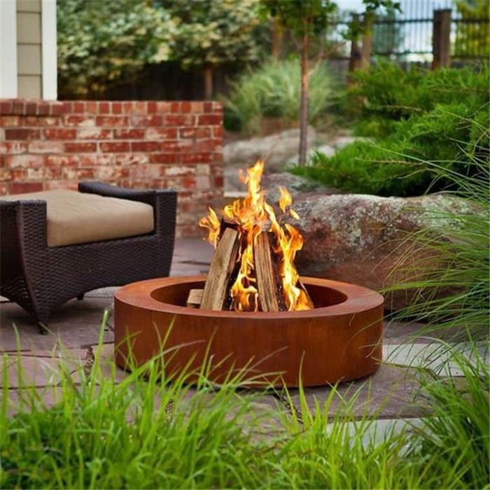 Fire Pit Low Profile Cylindrical Form Weathered Finish Wood Burning