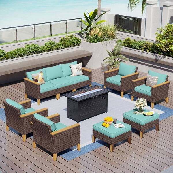 Fire Pit Patio Set Eight Piece With Teal Cushions Wicker Frames