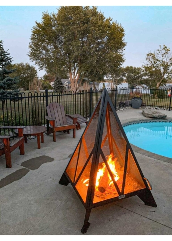 Fire Pit Pyramid Shape Metal Mesh Screen Tapered Legs Modern Geometric