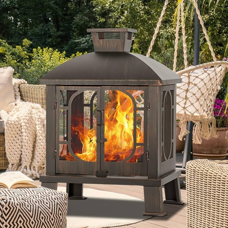 Fire Pit Square Metal Chiminea Antique Gold Finish Double Mesh Doors