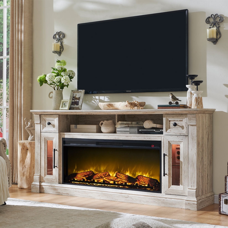 Fireplace TV Stand Antique Brush White LED Lit Display 42 Inch Insert