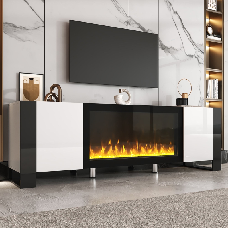 Fireplace TV Stand Glossy Black and White High Contrast Handleless