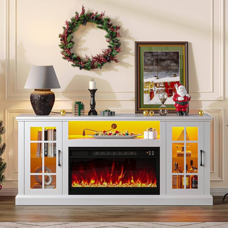 Fireplace TV Stand LED Backlighting Grid Glass Doors White Console