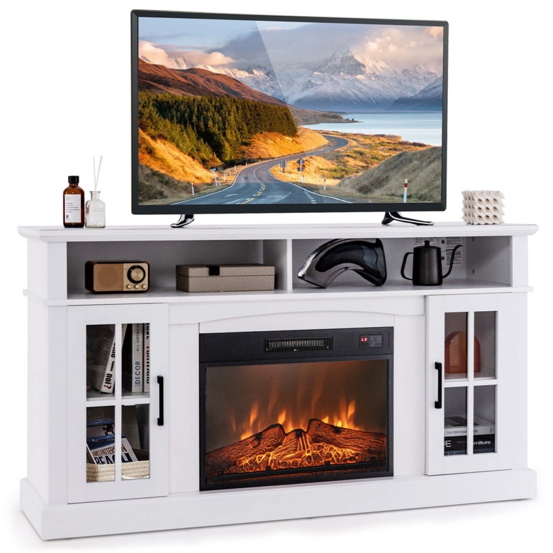 Fireplace TV Stand Mullion Glass Doors White Open Shelving Storage