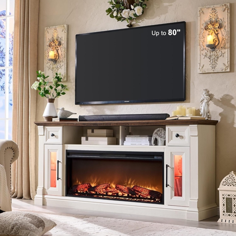 Fireplace TV Stand Reclaimed Wood Top Backlit Glass Cabinets Farmhouse