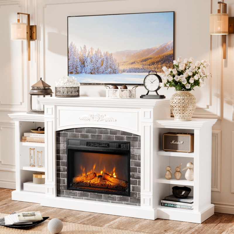 Fireplace TV Stand Scrollwork Carving Faux Brick Stepped Mantel White