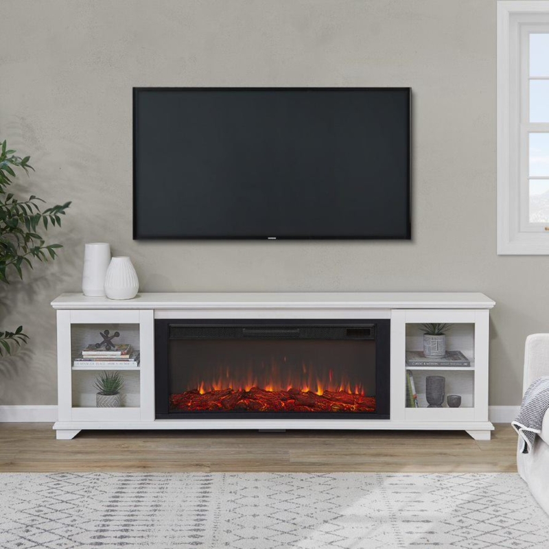 Fireplace TV Stand White Glass Front Cabinets Transitional 81 Inch Wide