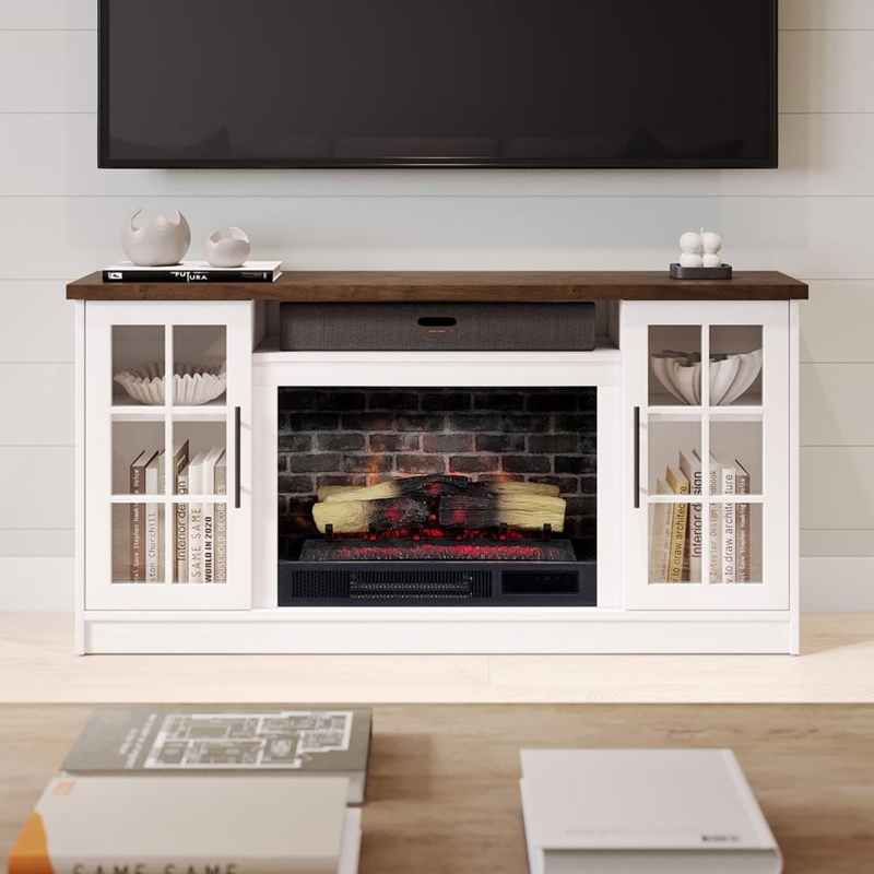 Fireplace TV Stand Windowpane Glass Doors Two Tone Farmhouse Style