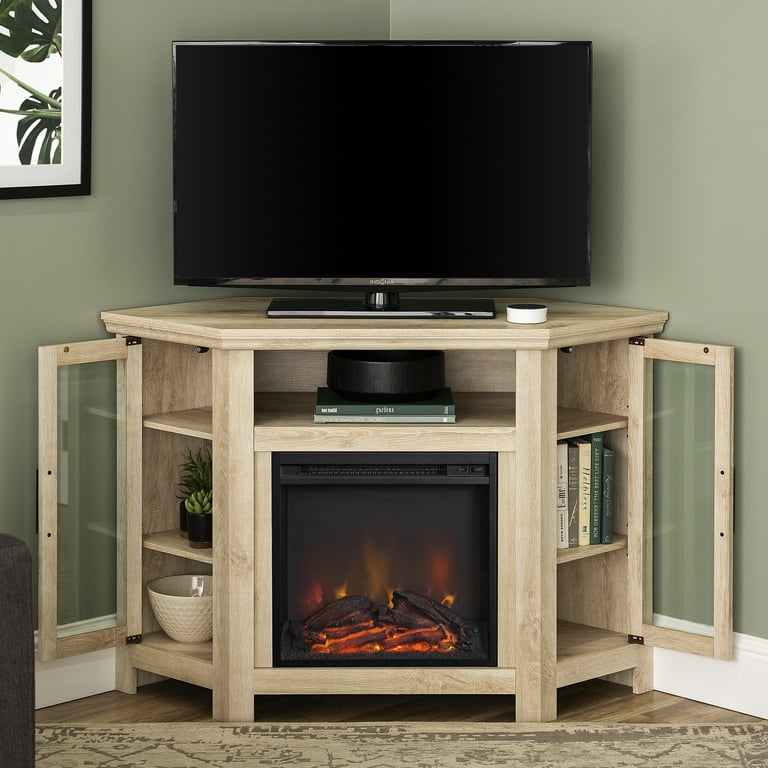 Fireplace TV Stand with Electric Fireplace Insert in White Oak Finish