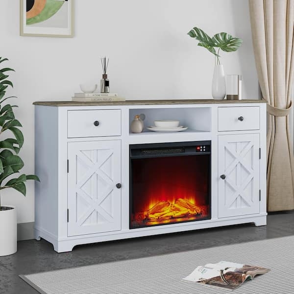 Fireplace TV Stand X Brace Doors Off White Wood Top Farmhouse Cabinet