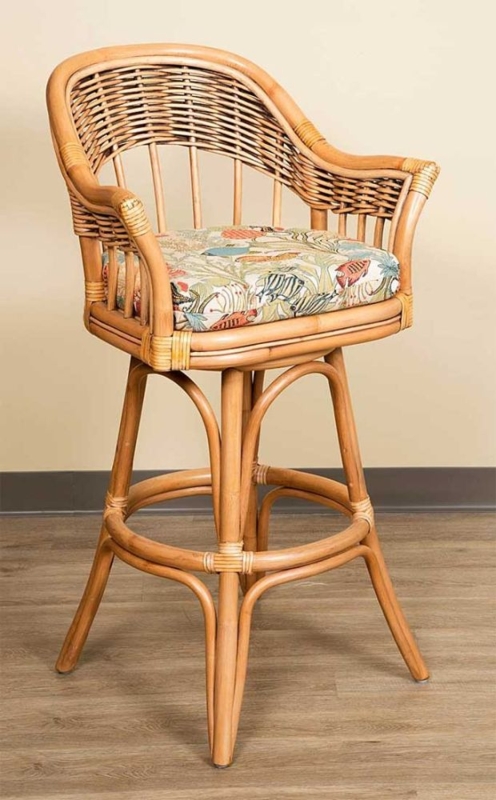 Fish Print Bar Stool Swivel Rattan Frame Antique Honey Coastal