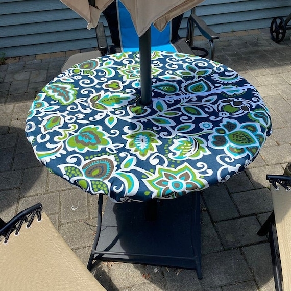 Fitted Outdoor Tablecloth Navy Lime Floral Print Zipper Umbrella Hole