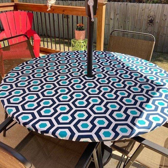 Fitted Round Patio Tablecloth Hexagon Graphic Drawstring Umbrella Hole