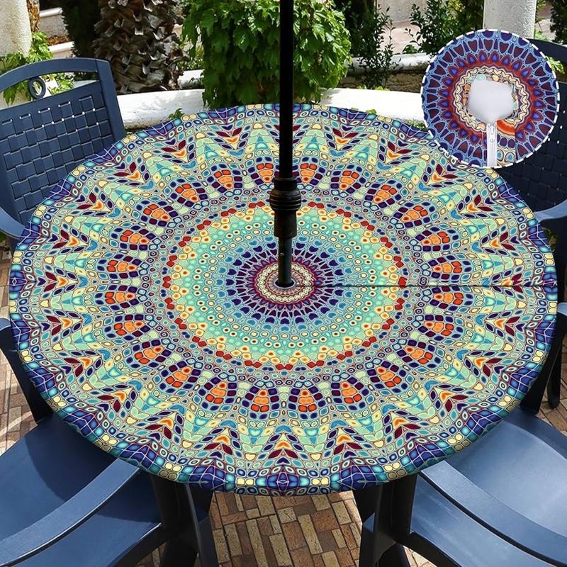 Fitted Umbrella Hole Tablecloth Mandala Geometric Print Elastic Edge