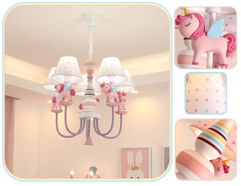 Five-Light Unicorn Chandelier: Polka Dot Shades, Pastel Colors.