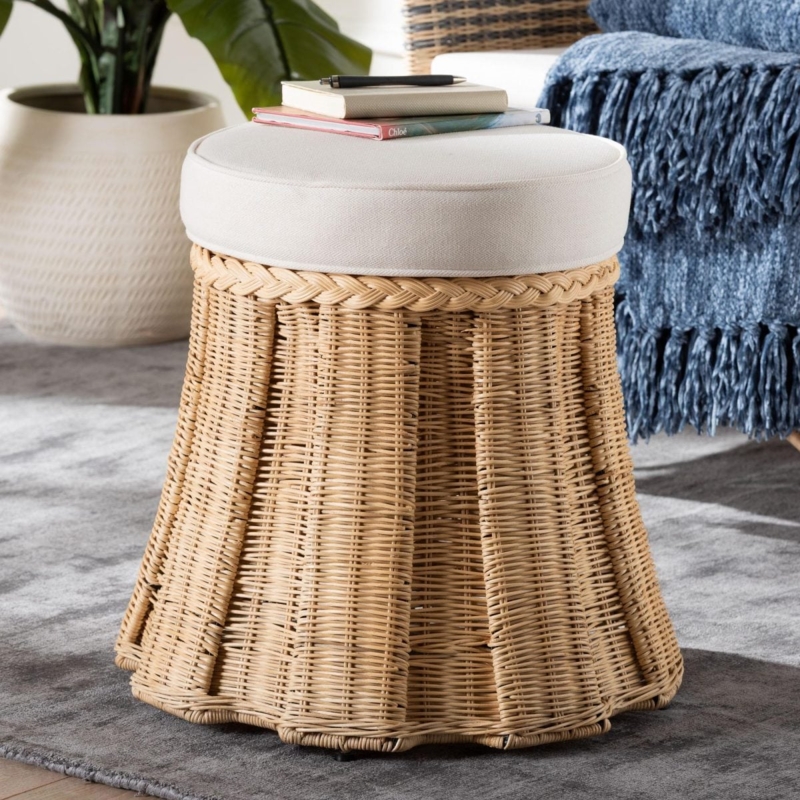 Flared Rattan Ottoman, Fluted Base and Scalloped Edge