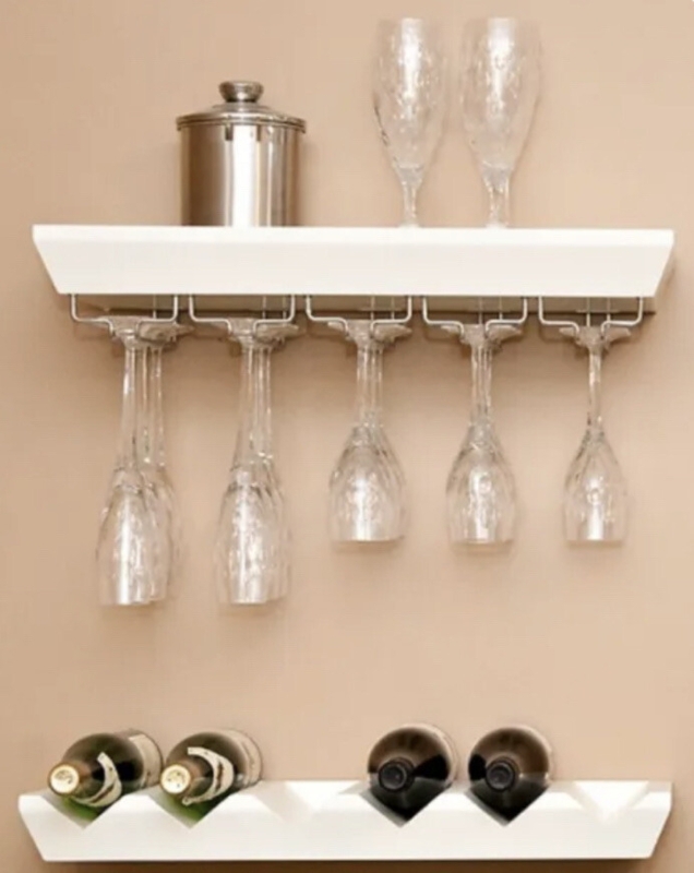 Floating Bar Shelf Matte White Silver Accents Bottle Cradle Notches