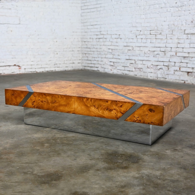 Floating Coffee Table with Burl Veneer and Diagonal Metal Inlays