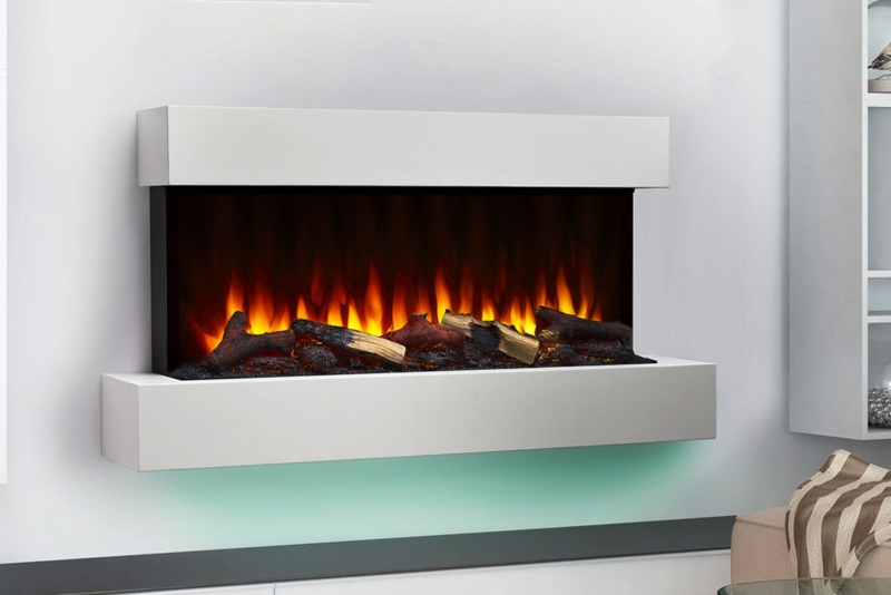 Floating Electric Fireplace Mantel White Finish Teal Underlighting